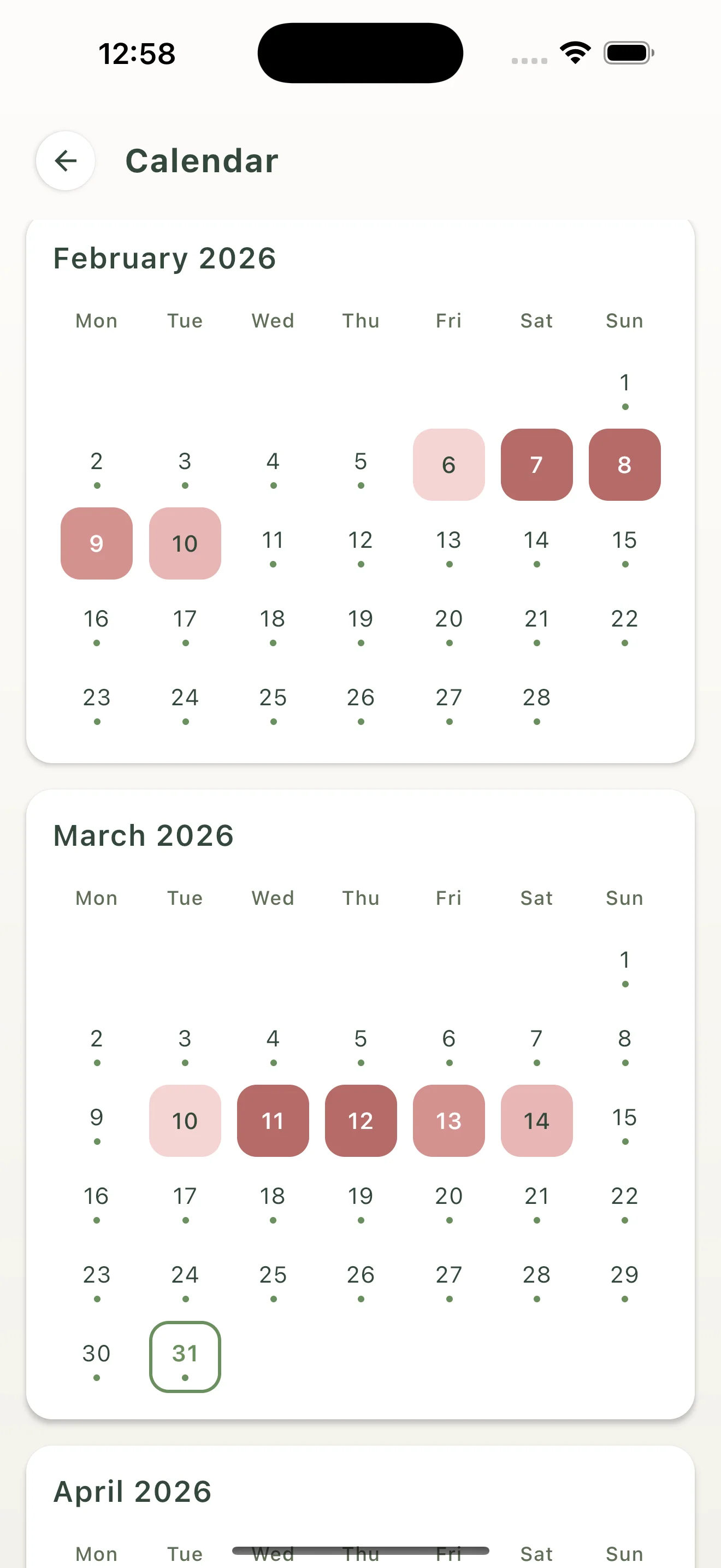 Cycle calendar without predictions in the Pomaia app