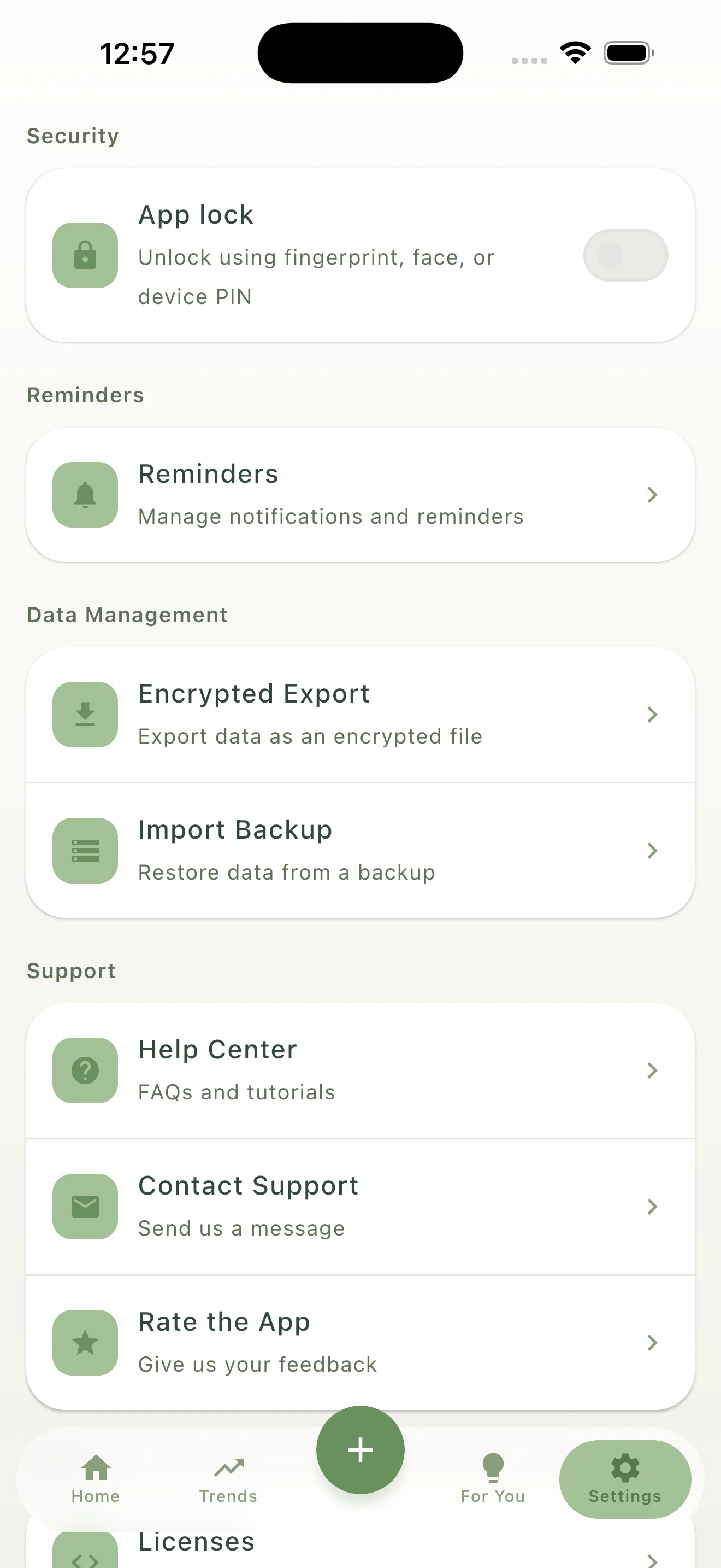 Privacy settings with biometric lock and encrypted export