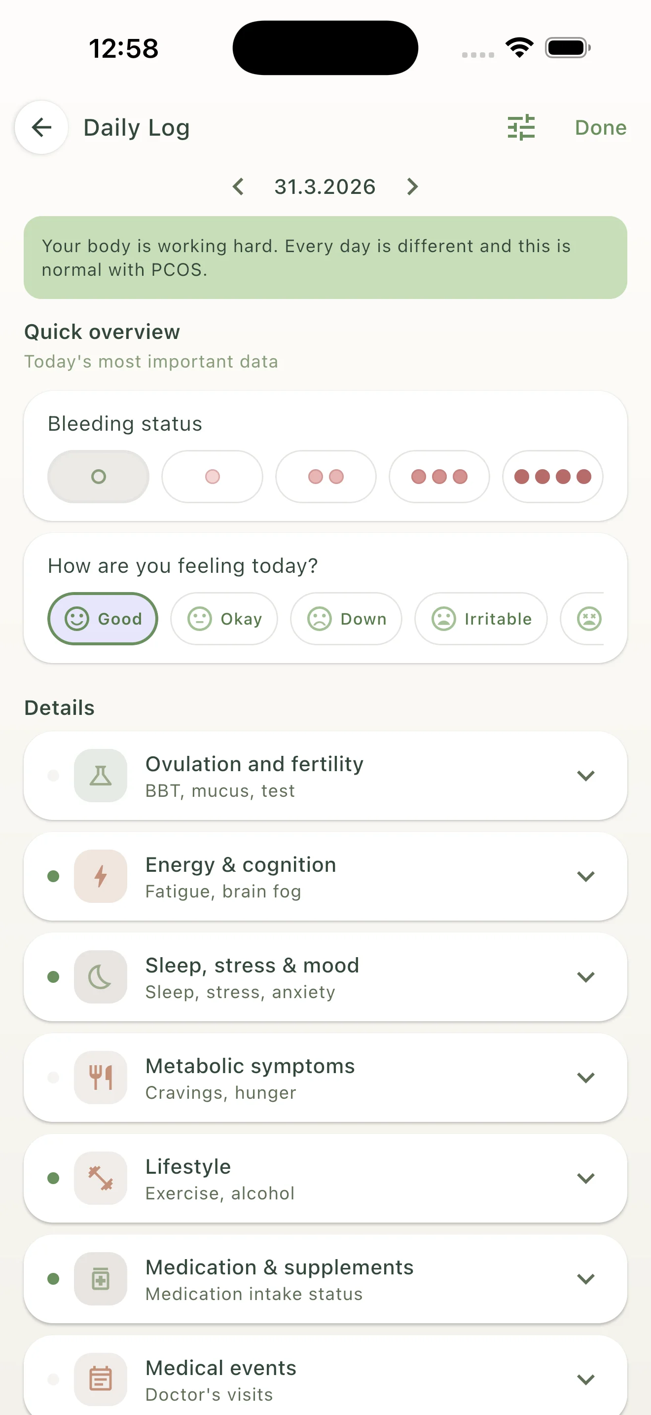 Daily PCOS symptom log with customizable fields