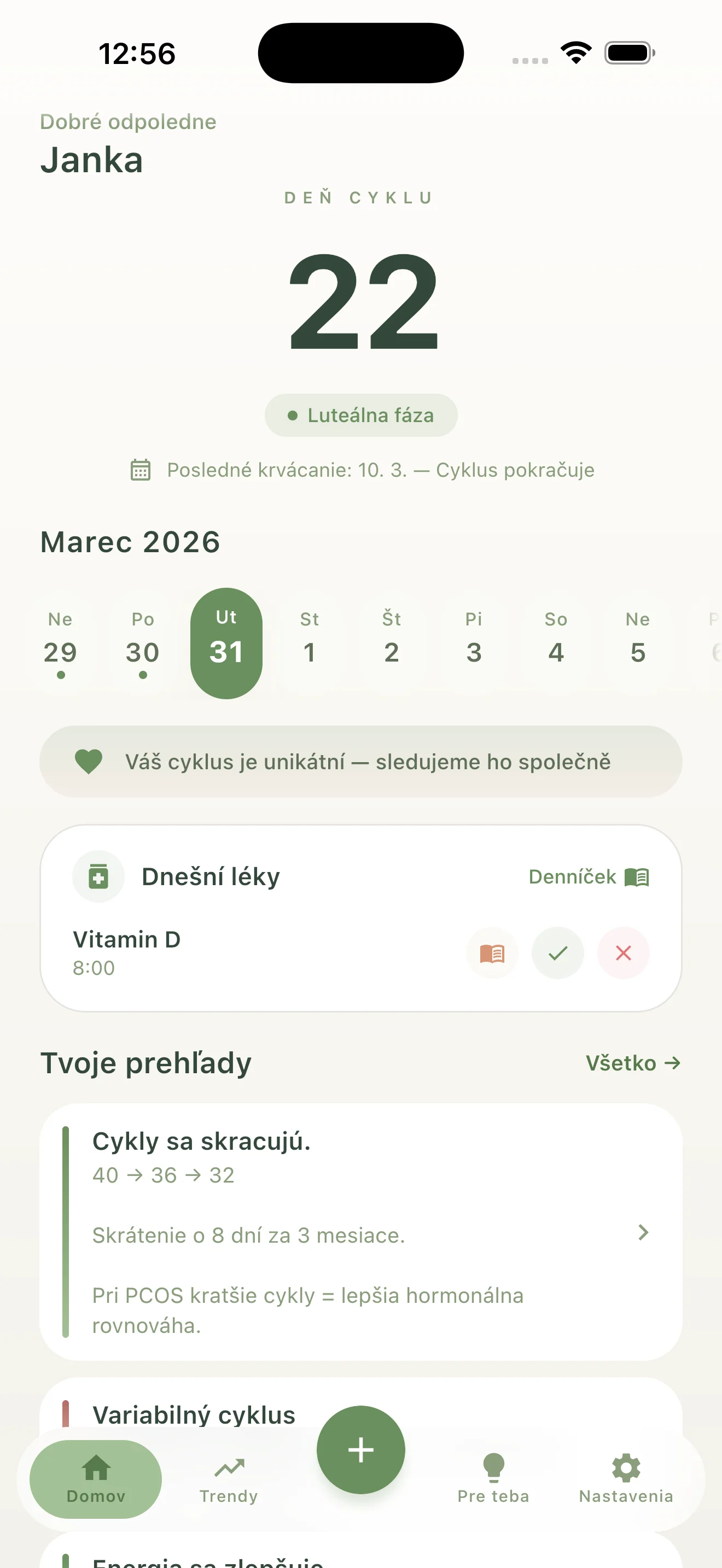 Prehľad cyklu v kalendárovom zobrazení v aplikácii Pomaia