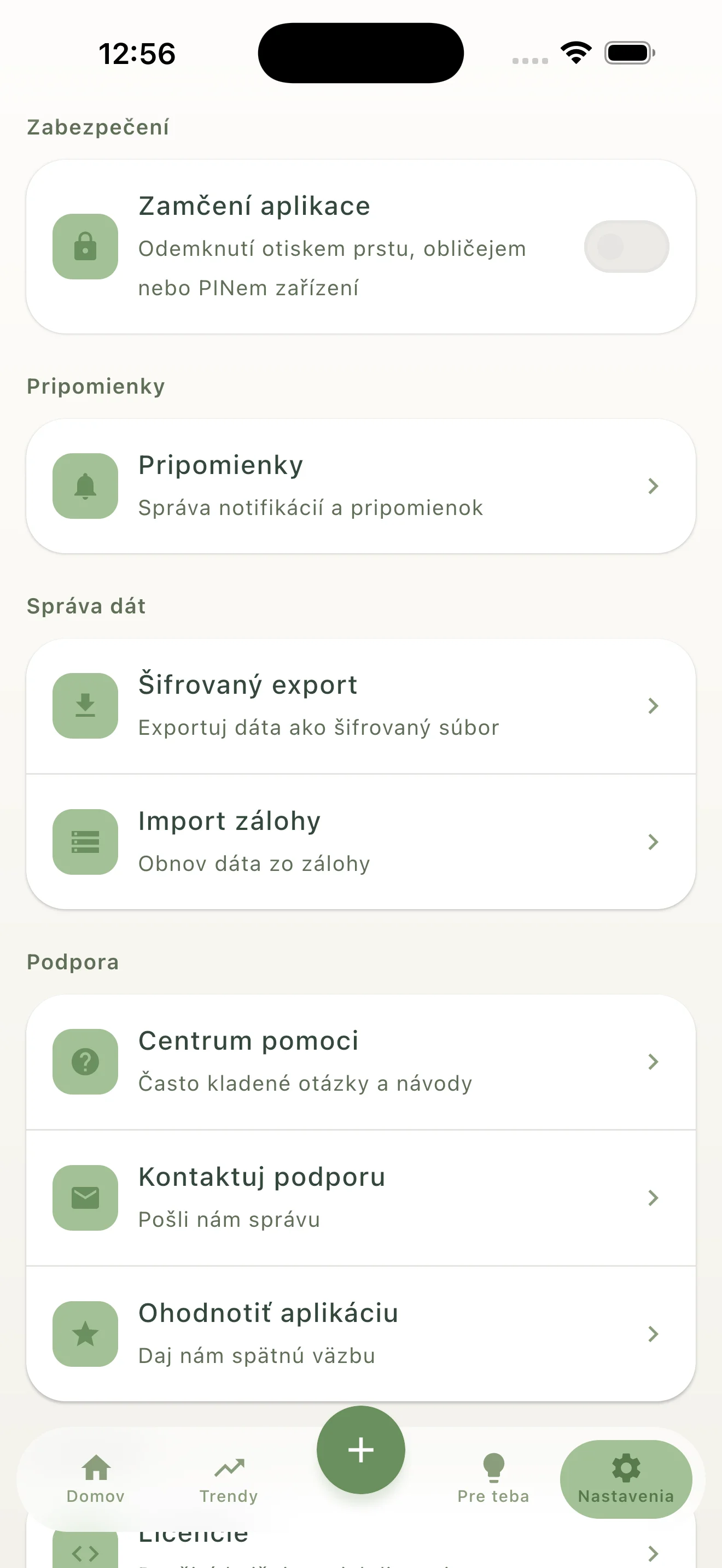 Nastavenia súkromia s biometrickým zámkom a šifrovaným exportom